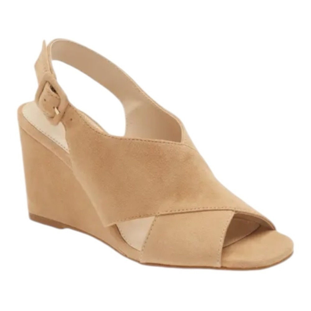 Pelle Moda Rina-Su Latte Suede Wedge Sandals Tan Slingback Buckle Womens 9.5M